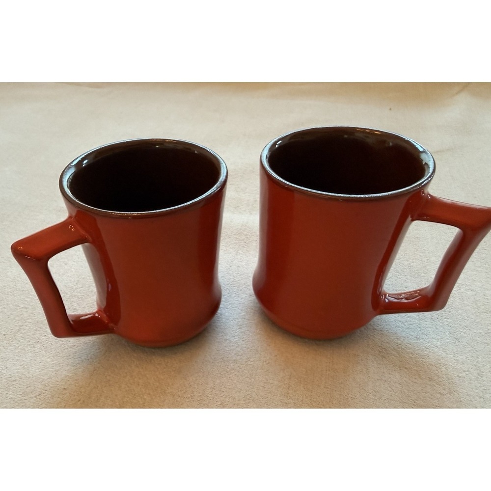 Set Of 2 Frankoma Pottery Vintage Mug's-C5 Orange/Red With Brown Interior.